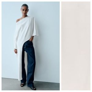 NWT. Zara White Asymmetric Long Cape Blouse. Size M-L.